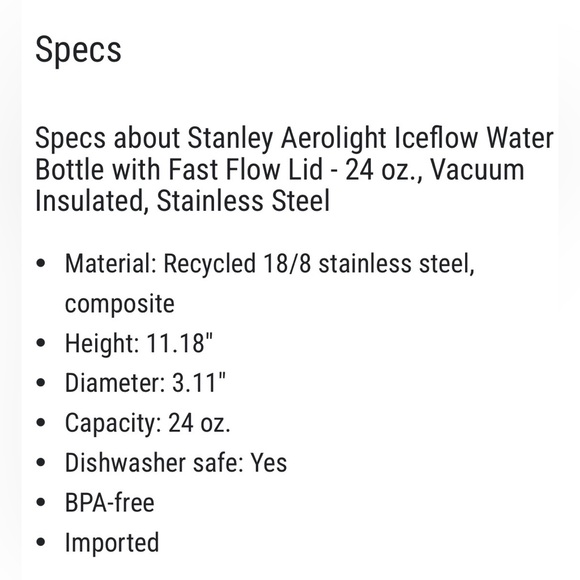 Stanley Aerolight IceFlow H2O Bottle W/ FastFlow Lid, 24 oz. Mint. NEW - Picture 7 of 7